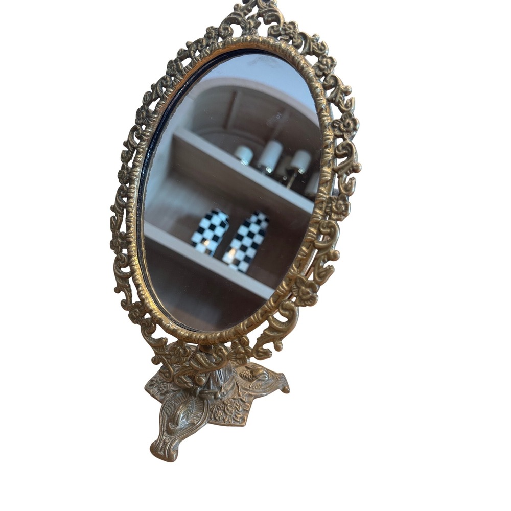 Vintage Brass Vanity Mirror Ornate Rococo Tabletop Swivel Mirror Gold Tone 12.5"